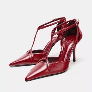 NWT Zara Leather Heel Size US 8, EU 39 Heels Chic Red Thin Ankle Front Strap